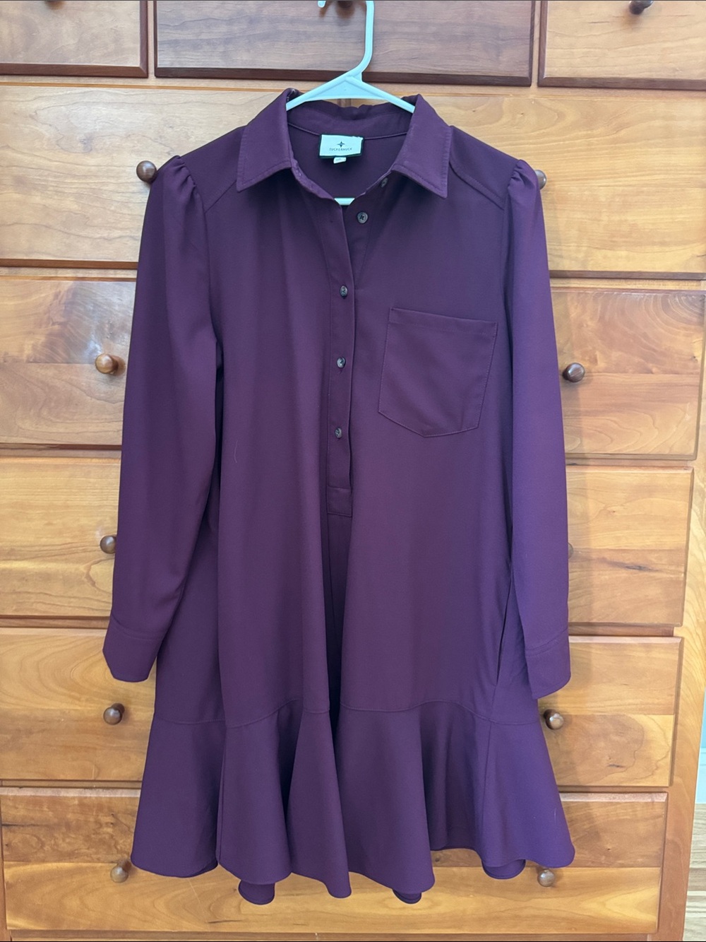 Women's Cranverry Long-Sleeve Shirt Dress with Ruffle Hem
